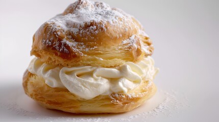 Sticker - Delicious Cream Puff Pastry on a White Background. Perfect for Dessert Menus. Close-up Snack Image with Soft Lighting. AI