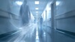 Abstract hospital corridor with ghostly figures leaving trails of healing light, serene ambiance, soft focus