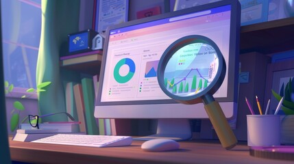 Poster - The search engine result page, or SERP banner, has information about the website browser at the top, magnifying glass and infographic elements, internet surfing algorithm, cartoon illustration.