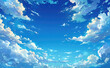 A blue sky with white clouds in the style of cartoon, cute style, background, vector illustration with simple lines, high saturation