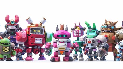 Poster - Transformers fighting alien cybernetic warriors against robotics and artificial intelligence technologies on a white background. Cartoon modern illustration.