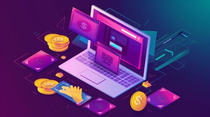 Poster - pay-per-click banner with hand clicks to ad on laptop screen. online promotion, internet advertising