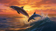 A pair of dolphins leaping gracefully in unison through the crest of a wave.