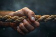 A close-up of a hand gripping a thick rope, conveying concepts of strength, competition, and determination