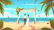 Wedders get married under draped arch at a beach wedding. Bamboo archway on sandy beach with flower petals. Modern web banner.