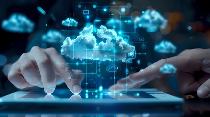 Aufkleber - Hands interacting with futuristic cloud technology concept. Digital tablet and virtual cloud computing interface. Modern communication in business. AI