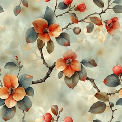 Wall Mural - Seamless beautiful flowers tree pattern background