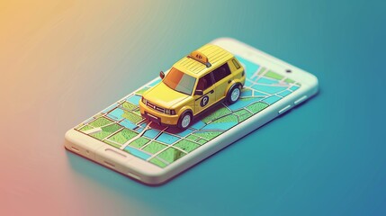 Poster - An online taxi app banner. An app for ordering passenger transportation. A modern landing page of a cab service showing a yellow car in isometric view on a smartphone screen with a map as background.