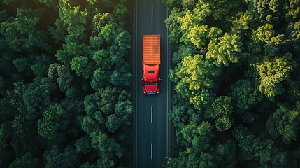 Aerial top view of car and truck driving on highway road in green forest. Sustainable transport. Drone view of hydrogen energy truck and electric vehicle driving on asphalt road through green forest