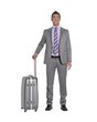 Traveler businessman holding a luggage isolated on transparent layered background.