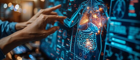 Poster - Anatomy, science, and human analysis hologram for digital, research, and medical worker hands on a mockup background.