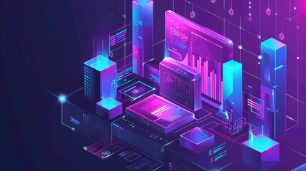 Poster - The isometric landing page for CRM. Marketing strategies and technologies to manage and develop client interactions, device screen with graphs, 3D Modern with web banner.