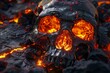 A photorealistic abstract skull composed of dripping molten lava, glowing red and orange with a cracked and textured surface.