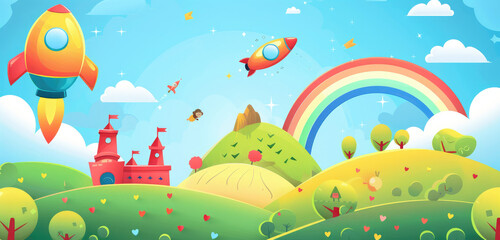 Wall Mural - A colorful background for an educational video with children's toys such as sand castles, blocks and wooden ships flying in the sky