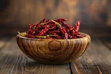 Wall Mural - dried red hot chili peppers in wooden bowl on rustic table, dark background