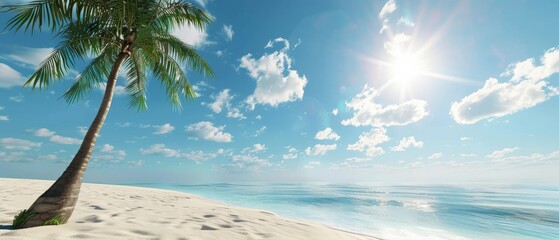 3D rendering of a tropical summer beach with palm trees and blue skies.