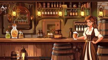 A Pretty Girl Hostess Is Serving Customers In An Old Tavern With A Wooden Bar Counter, A Bottle Rack, Lanterns, Candles, And A Beer Mug On The Table. Modern Illustration Of A Vintage Pub, Retro