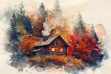 Watercolor Illustration A Cozy Cabin Nestled Amidst A Colorful Autumn Forest With Smoke Rising From The Chimney.