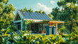 Modern eco-friendly home with solar panels adorning the roof, lush greenery in the foreground. Sustainable living and renewable energy concepts