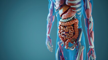 This human anatomy model shows a part of the body with an organ system. A human abdominal model shows the doctor explaining treatments to a patient.