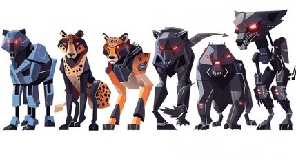 Poster - Robotic animals Robotic monsters cartoon. Cyborgs cheetah or puma, fox, wolf, roar bear and seal with red glow eyes. Artificial intelligence zoo machines, Modern Set.