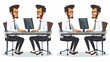 A working man at a desk with a computer and various expressions. Modern flat illustration of a workman busy, happy, angry, sad, worried, and contemplating.