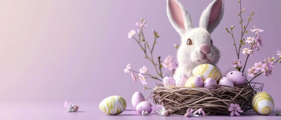 Poster - 3D rendering of a bunny with Easter eggs in a nest of a bird on a purple background.