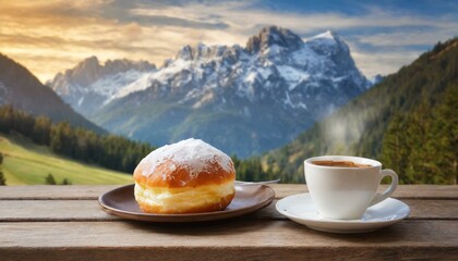 Wall Mural - breakfast with krapfen and coffee in the mountains
