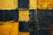A detailed close-up of an abstract art texture in dark gold and black, featuring oil and acrylic brushstrokes, palette knife, and geometric spatula techniques with rectangles on canvas.