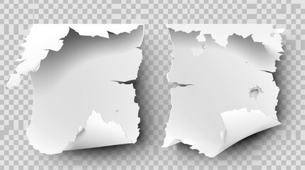 Poster - Paper with tears, ripped white sheet, tears, curled parts, peeling elements isolated on transparent background. Realistic modern illustration set.