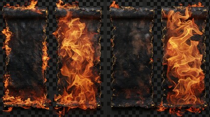 Poster - Paper burning png set isolated on transparent background. Long sheets on fire, uneven edges damaged by flame, black from ashes. Last-minute deal concept.