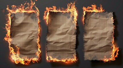 Poster - Burning checkered notebook pages with flaming corners. Realistic modern set with blank vertical templates for letters, flaming notes and frames.