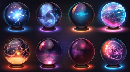 Wall Mural - Realistic modern 3d set of vibrant crystal balls, fortune teller globes, oracles, and wizard glass spheres. Glowing orbs with magic lights and mystery glow isolated on transparent background.