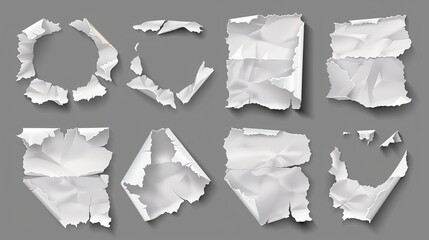 Poster - Isolated set of torn paper sheets isolated on grey background. Modern illustration showing ripped white pages with uneven textures.