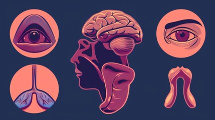 Five human senses represented as icons: vision (eye), smell (nose), hearing (ear), touch (hand), and taste (mouth with tongue). Simple line icons and color circles, modern illustration.