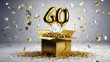 box  gold Happy  birthday balloon number 60  surprise confetti celebration party background anniversary decoration invitation event card 