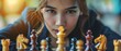 Strategic Businesswoman Seizes Victory in Chess Duel. Concept Chess strategy, Victory, Business success, Triumph, Decision-making