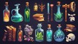 Witch or wizard alchemy laboratory stuff with bottles with poisons, skulls, mystic books, modern cartoon set of potions, spell books, and herbs icons.