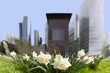 White flowers in front of the blurred Frankfurt skyline