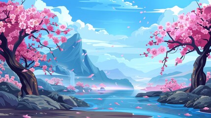 Canvas Print - Cartoon illustration with a river flowing between cherry blossom trees with pink flowers in a sakura garden on a mountain background.