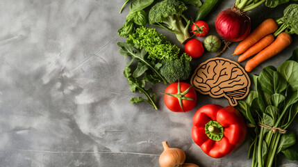 Top above view of fresh organic vegetable foods and a human brain. Raw green vitamin nutrition to think clearly and have a healthy and smart mind. Memory and energy, mental health, copy space