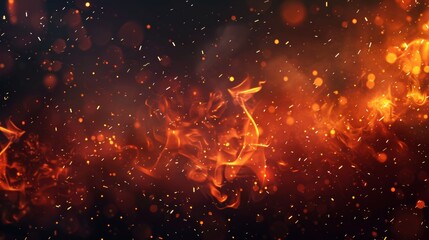 Wall Mural - Burn coal, grill, hell or bonfire overlaid with flame glow, flying orange sparkles, fog on black background, modern realistic illustration with fire sparks, embers and red smoke.