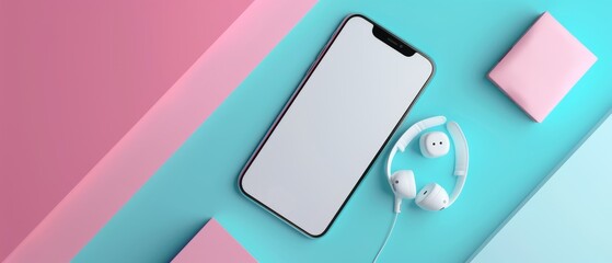 Poster - 3d rendering of smartphone with earphones on pastel colors background.