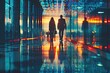 A man and a woman walk down a hallway with a reflection of them in the floor. The hallway is lit with bright lights and the reflection of the people is distorted