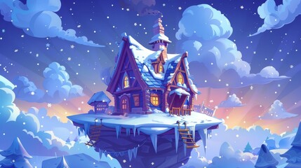 Poster - This cartoon illustration shows a cozy old house floating in the sky on a magic winter island, surrounded by ice and snow, and snowflakes in the blue sky. The cartoon image represents a game level