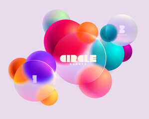 Wall Mural - 3d colorful circles and balls in glass morphism style. transparent geometric shapes on white backgro