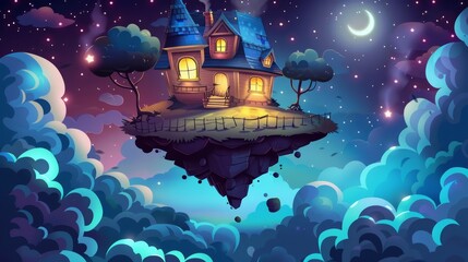 Poster - The fairytale cottage with lights in the windows flies in the sky, surrounded by stars and fluffy clouds, as the house floats in the night sky.