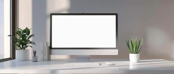Poster - CG rendering of a blank screen on white table in a work space.