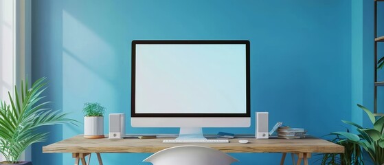 Poster - Computer mock up with blank screen in blue pastel room. 3D rendering.