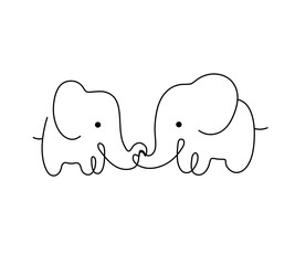 Wall Mural - Vector isolated two elephants kiss with trunks side view one single contemporary line colorless black and white contour line easy drawing